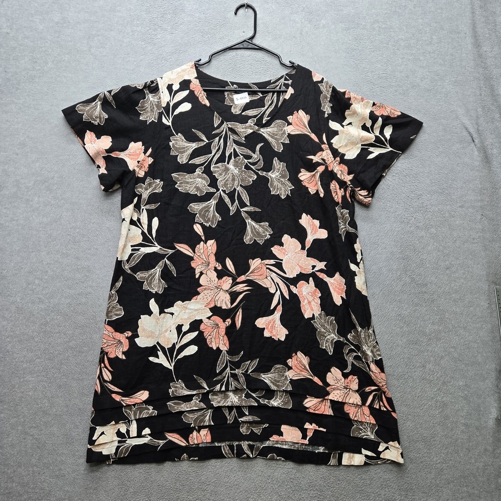 Nicole Miller Women Dress‎ XXL Black Linen Blend Tunic Floral Artsy Cottagecore
